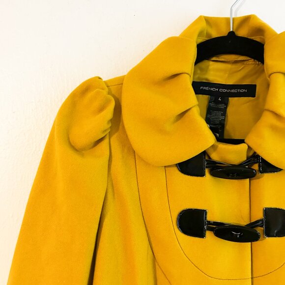 FRENCH CONNECTION Y2K Twee Puff Sleeve Mod Cashmere Wool Blend Yellow Pea Coat - Picture 9 of 11